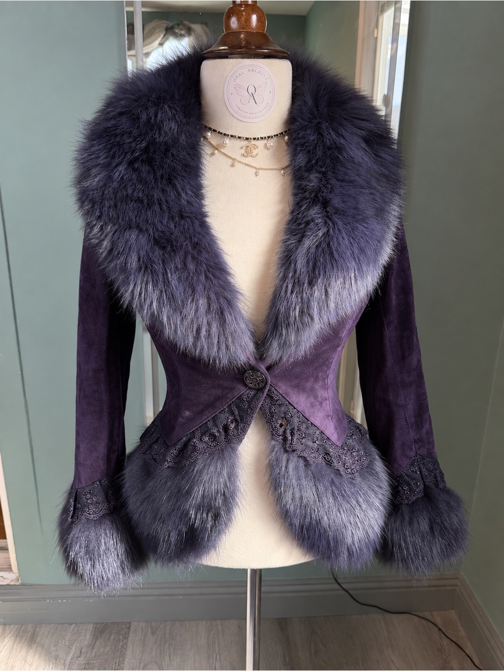Vintage Purple Pigskin Suede Fox Fur Lace Fitted Jacket XS/XXS